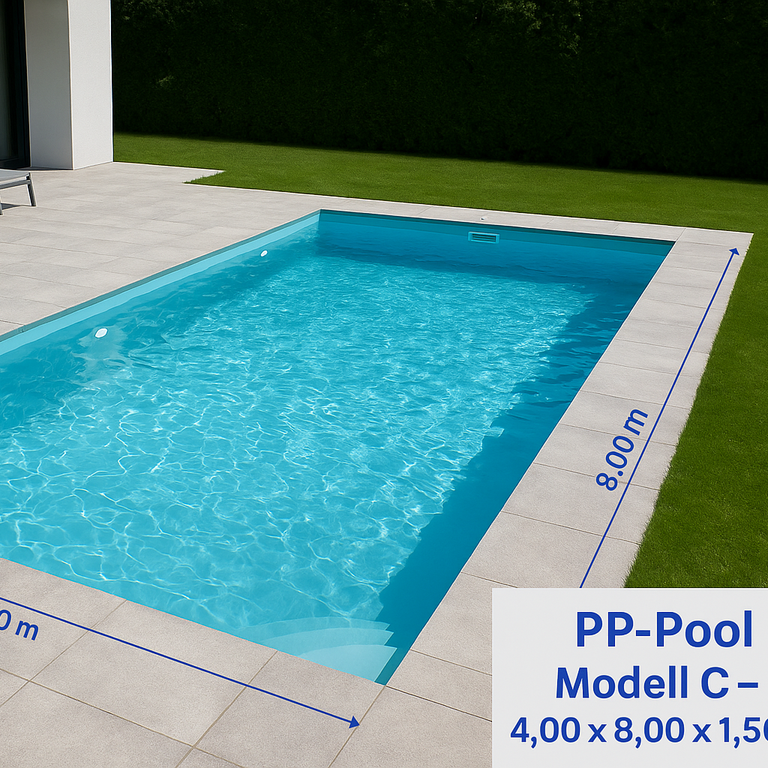 Großzügiger PP-Pool mit Treppe und LED-Beleuchtung, eingefasst in eine moderne Gartenanlage mit Rasen und Terrasse